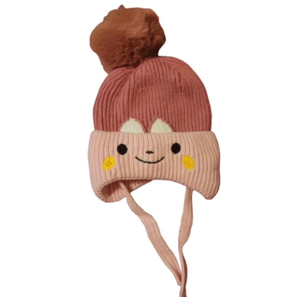 Cute Pink Knit Pom Pom Hat Face & Ears